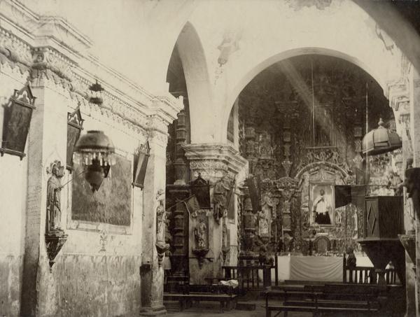 An interior view, showing the altar area, of the San Xavier Del Bac Mission church, near Tucson.