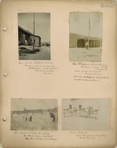 A page from an album of photographs of Pueblo Indian Day Schools, showing a small room on the corner of the cathedral of the San Juan school room, the San Ilephonso school building, the San Felipe school building, and children in front of Zia school.