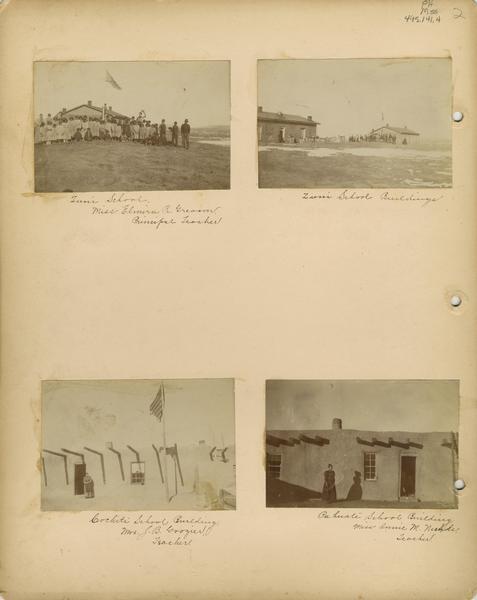A page from an album of photographs of Pueblo Indian Day Schools, showing a teacher and children in front of Zuni school, children in front of Zuni school buildings, the Cochiti school building, and the Pahuate school building.