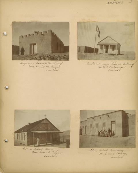 A page from an album of photographs of Pueblo Indian Day Schools, showing the Laguna, Santo Domingo, Acoma, and Isleta school buildings.