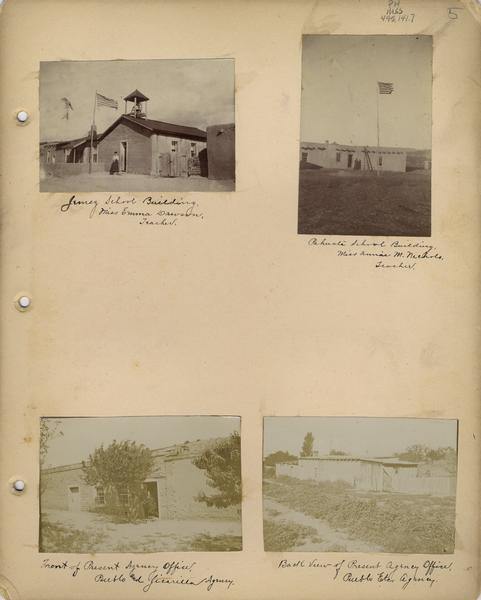A page from an album of photographs of Pueblo Indian Day Schools, showing the Jemez school building, the Pahuate school building, and the front and back view of the Pueblo and Jicarilla Agency present agency office.
