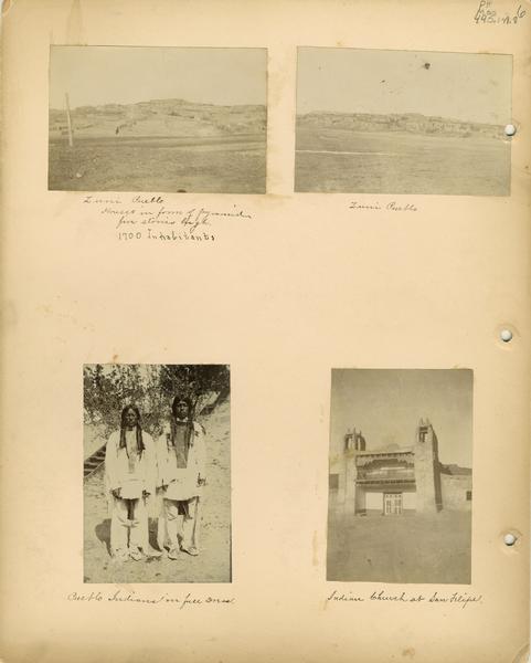 A page from an album of photographs of Pueblo Indian Day Schools, showing Zuni Pueblo architecture, Pueblo Indians in full dress, and an Indian church at San Felipe.