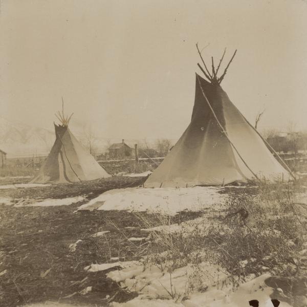Wickiups and houses of Mormon Indians.
