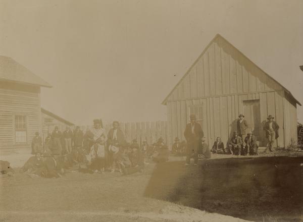 Native Americans, possibly delegates to council at the Leech Lake Agency. This image is part of a collection of images of the Ojibwa-Pillager Battle at Sugar Point on Bear Island.