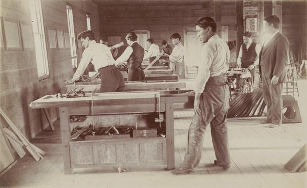 A carpenter shop at the Chemawa Indian Training School in Salem, Oregon.
