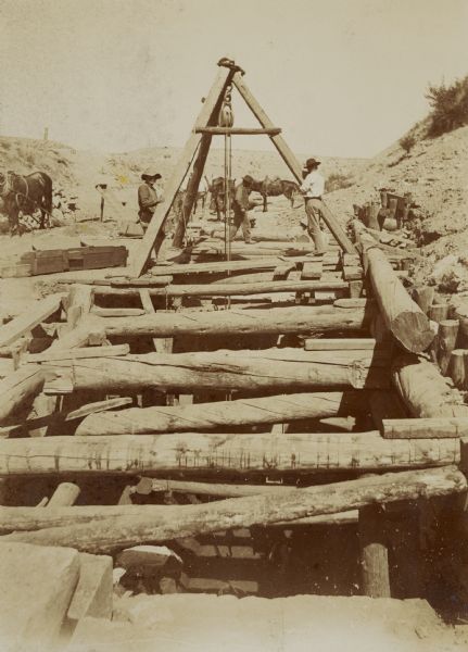 Timber cribs retain the wall foundation of the Big Horn Ditch on the Crow Reservation in northeast Wyoming.