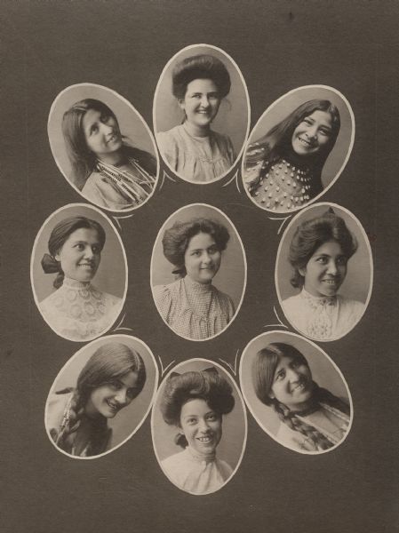 Composite of photographic portraits of Native American women, possibly from the Chilocco Indian School.