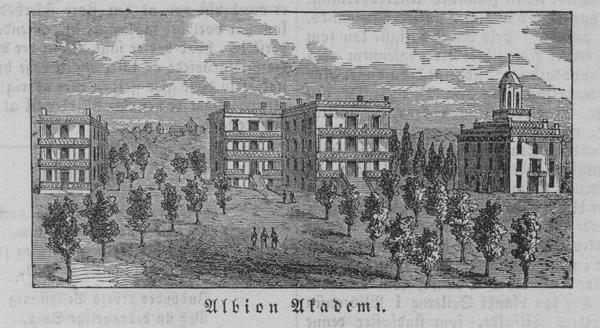 Engraving of an elevated view of Albion College.