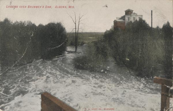 Postcard with the text: "Looking Over Brummer's Dam, Algoma, Wis."