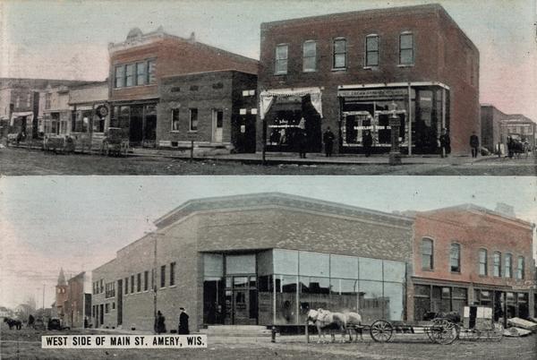 Top view is from the intersection looking towards buildings on the right side of the street. The bottom view has a caption that reads: "West Side of Main St. Amery, Wis."