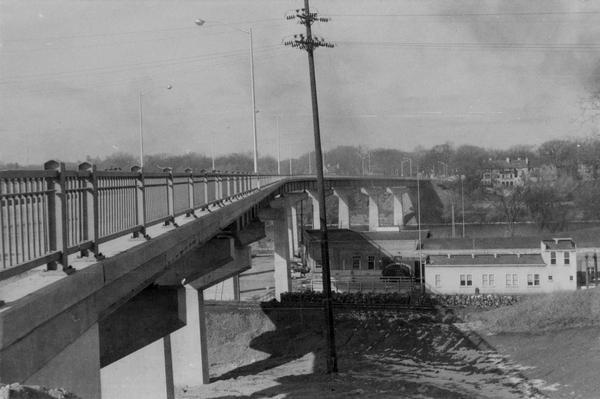 View of a bridge reaching across the Fox River.