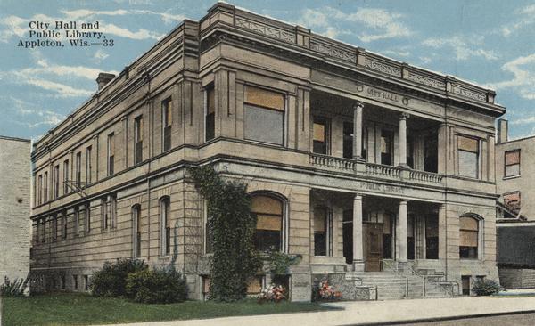 Exterior view of the Appleton Public Library and City Hall. Caption reads: "City Hall and Public Library, Appleton, Wis."