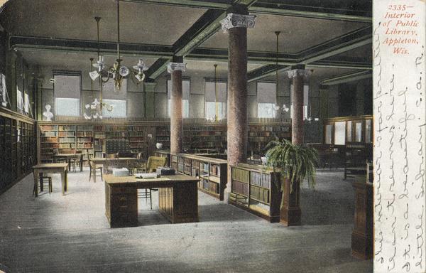 The interior of the Appleton Public Library. Caption reads: "Interior of Public Library, Appleton, Wis."
