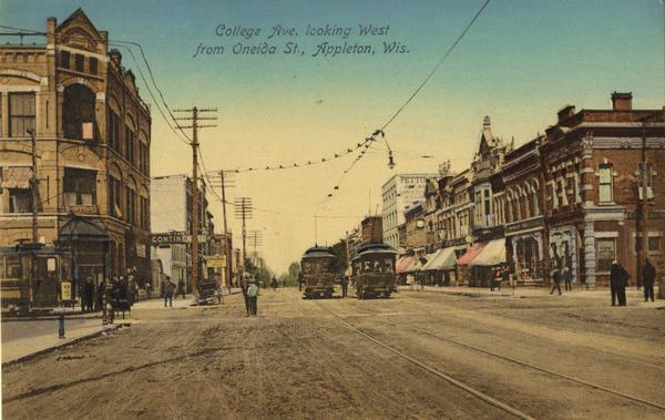 View down College Avenue. Caption reads: "College Ave. looking West from Oneida St., Appleton, Wis."