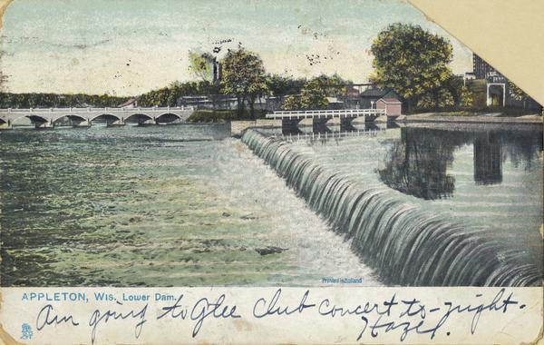 View across the lower dam, with a bridge in the distance on the left. Caption reads: "Appleton, Wis. Lower Dam."