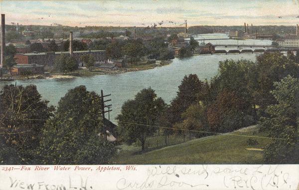 View from hill looking down towards the Fox river. Caption reads: "Fox River Water Power, Appleton, Wis."