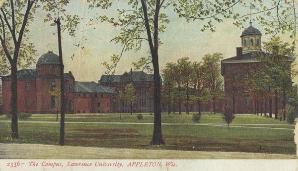 View across lawn and paths toward college buildings. Caption reads: "The Campus, Lawrence University, Appleton, Wis."