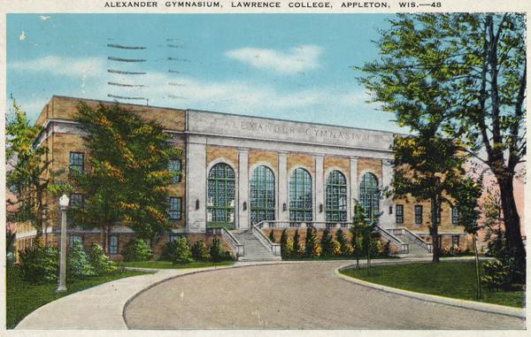 View down drive toward the gymnasium. Caption reads: "Alexander Gymnasium, Lawrence College, Appleton, Wis."
