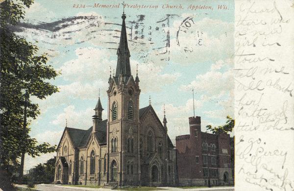 View of Memorial Presbyterian Church. The congregation was incorporated in 1879 and the Gothic style church built in 1880. Caption reads: "Memorial Presbyterian Church, Appleton, Wis."