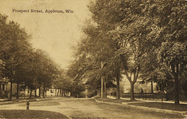 View down tree-lined street in a neighborhood. Caption reads: "Prospect Street, Appleton, Wis."