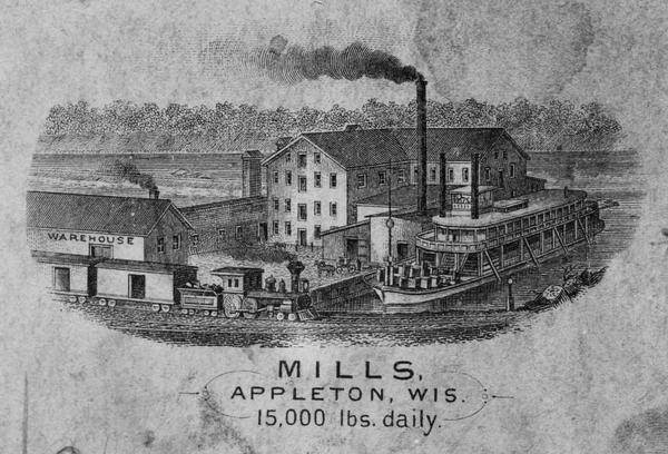 Sketch of the Fox River, a train, the mill, a warehouse, and a steamboat.