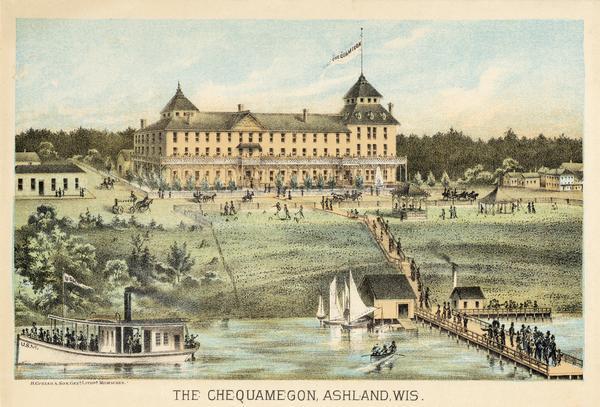 Lithograph depicting the Chequamegon Hotel from the Ashland harbor.