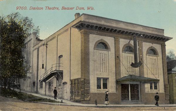 Exterior view of the Davison Theater. Caption reads: "Davison Theatre, Beaver Dam, Wis."