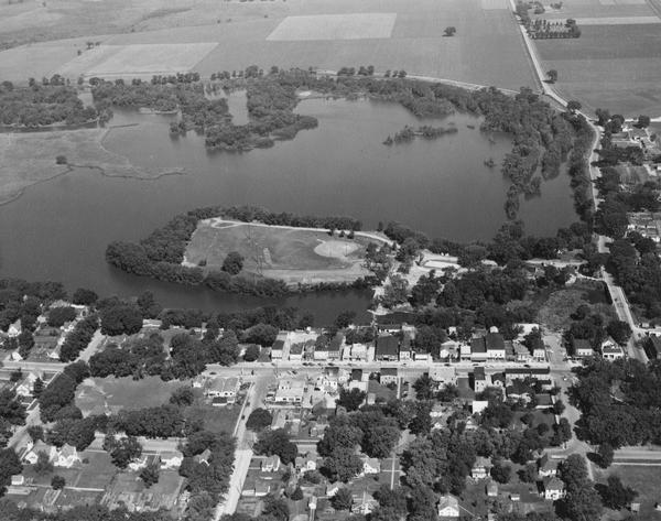 Aerial view of lake, baseball field, and downtown.
