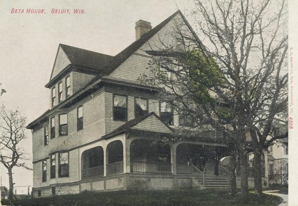 View of the Beta House on the Beloit College campus. Caption reads: "Beta House, Beloit, Wis."