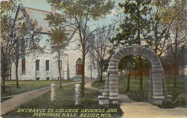 Stone entrance gate to Beloit College, facing Memorial Hall. Caption reads: "Entrance to College Grounds and Memorial Hall, Beloit, Wis."