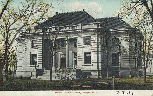 Exterior view of the library. Caption reads: "Beloit College Library, Beloit, Wis."