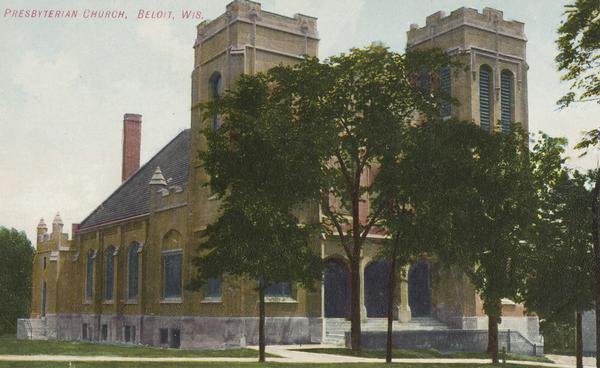 View of the Presbyterian Church. Caption reads: "Presbyterian Church, Beloit, Wis."