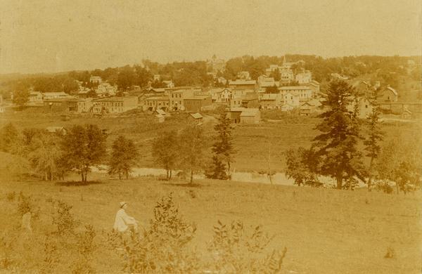 View of Bloomington, with a man in the foreground looking over the vista.