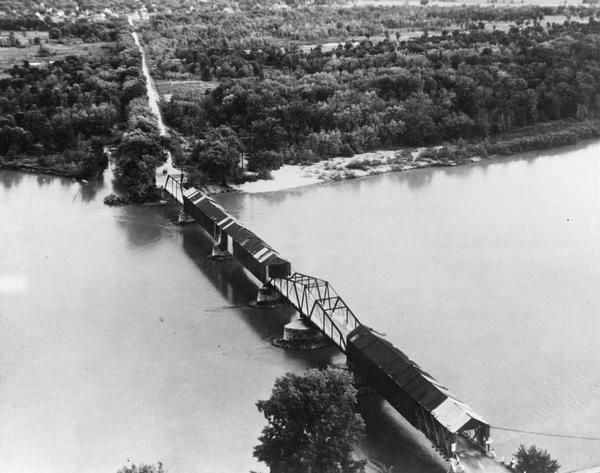 Aerial view of the last covered bridge, which is no longer standing.