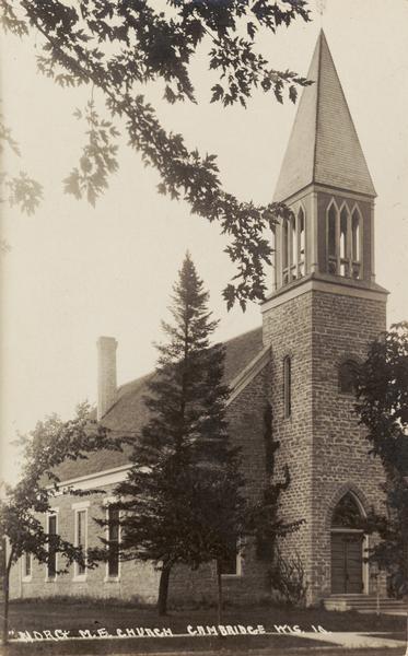 Three-quarter view from left of the Methodist Episcopal church. Caption reads: "'Norge' M.E. Church, Cambridge, Wis."