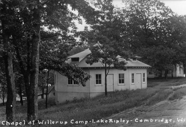 Caption reads: "Chapel at Willerup Camp — Lake Ripley — Cambrdige. Wis." The camp was named for the Danish immigrant minister, Christian B. Willerup, who established the "oldest Methodist Episcopal church ever built by Norwegians, Danes, or Swedes in this or any other country" at Cambridge.