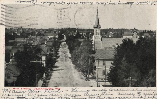 Elevated view looking down Main Street. Caption reads: "Main Street, Cedarburg, Wis."