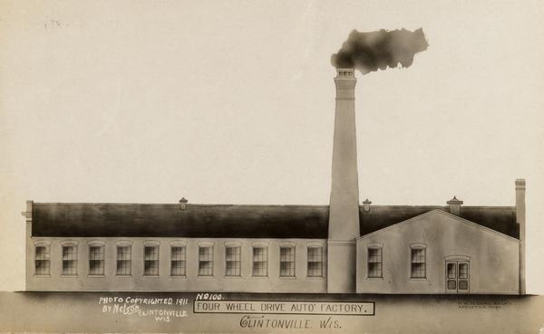 Architectural rendering of a four wheel drive auto factory, with a smokestack billowing smoke. The four-wheel drive propulsion was invented by Otto Zachow and William Besserdich. Walter A. Olen was the lawyer who formed the company and sold stock in it starting in 1910. Text at bottom right reads: "W. W. DeLong, Arch't. Appleton, Wisc." Caption reads: "Four Wheel Drive Auto Factory. Clintonville, Wis."