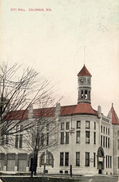 View across street toward City Hall, with clocktower. Caption reads: "City Hall, Columbus, Wis."