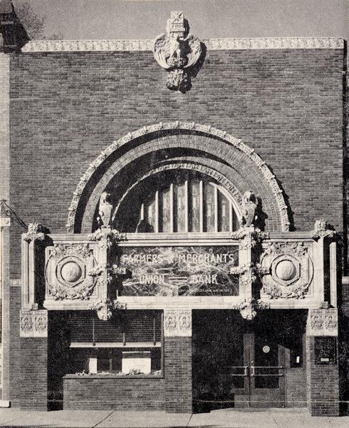 Facade of the Farmers and Merchants Union Bank, a Louis H. Sullivan building.