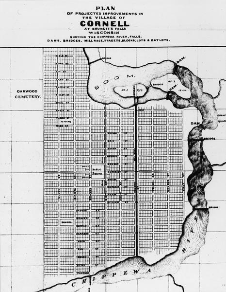 Drawn map showing planned development of Cornell, including a couple of schools, Oakwood cemetery, the public square, and several bridges and dams.