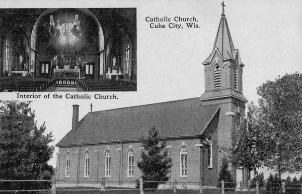 Exterior view of St. Rose Roman Catholic Church, with an inset of the interior looking towards the altar. Caption reads: "Catholic Church, Cuba City, Wis."