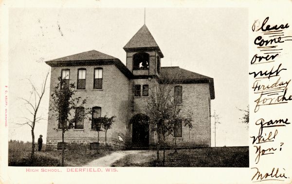 View of the high school in Deerfield. Caption reads: "High School, Deerfield, Wis."
