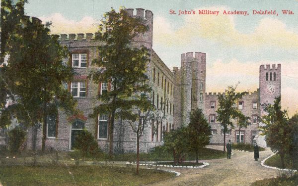 View of St. John's Military Academy. Caption reads: "St. John's Military Academy, Delafield, Wis.".