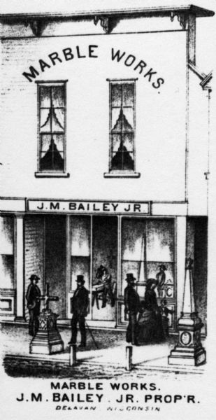 View of the J.M. Bailey Jr. Marble Works storefront. From the "Combination Atlas-Map of Walworth Co." Chicago.