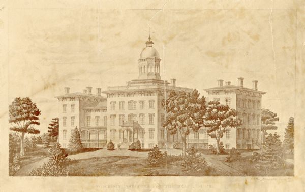 Engraved print of the institute. The building has dome, and at the top is a wind vane. Caption reads: "Wisconsin Institute for the Deaf & Dumb."