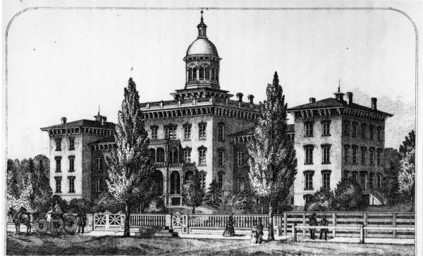 Engraved view of the building with several pedestrians and a horse-drawn carriage in the foreground.