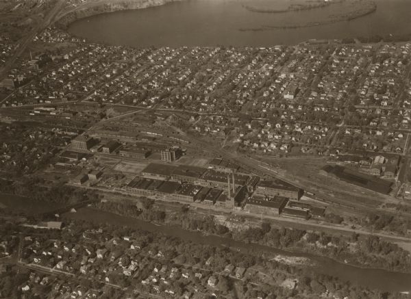 Aerial View of City and River | Photograph | Wisconsin Historical Society