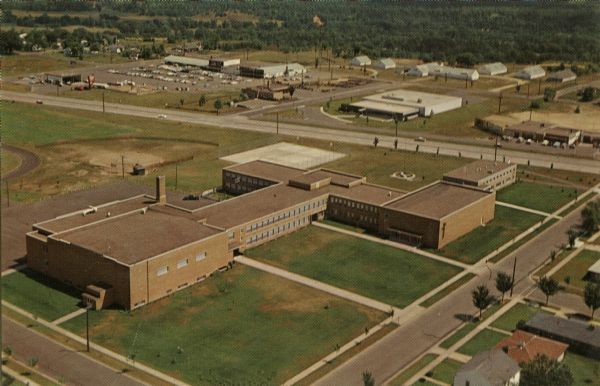 Aerial view of the high school, 2100 Fenwick Avenue, and the surrounding roads.