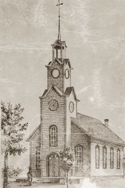 View of a Baptist church, two small trees, and a man standing in front of the church, wearing a top hat. Baptist Church, 4th Avenue and Niagara Street, built during the 1860's.